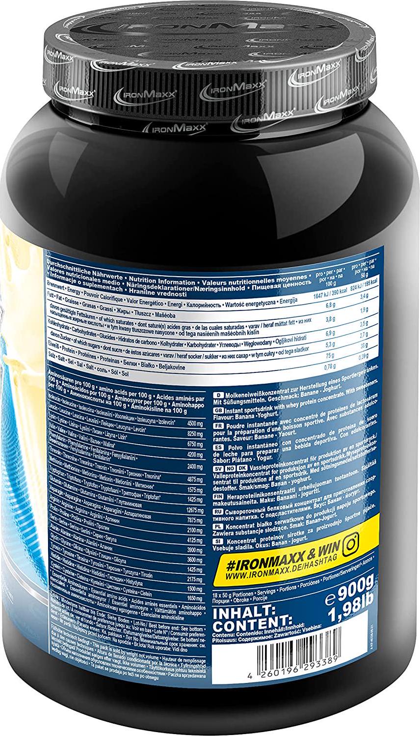 IronMaxx 100% Whey Protein Powder, Banana Yoghurt Flavour, 1 x 900 g