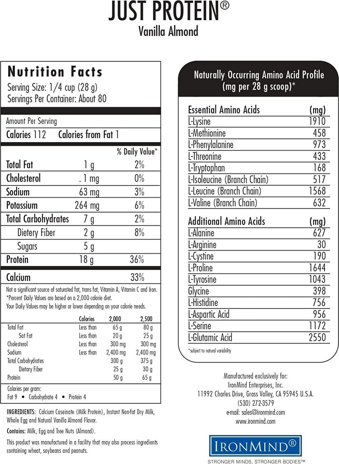 IronMind Just Protein 5 Pound Classic Milk and Egg Supplement Powder, Vanilla, Non-GMO, No Additives 18g Protein, 80 Servings