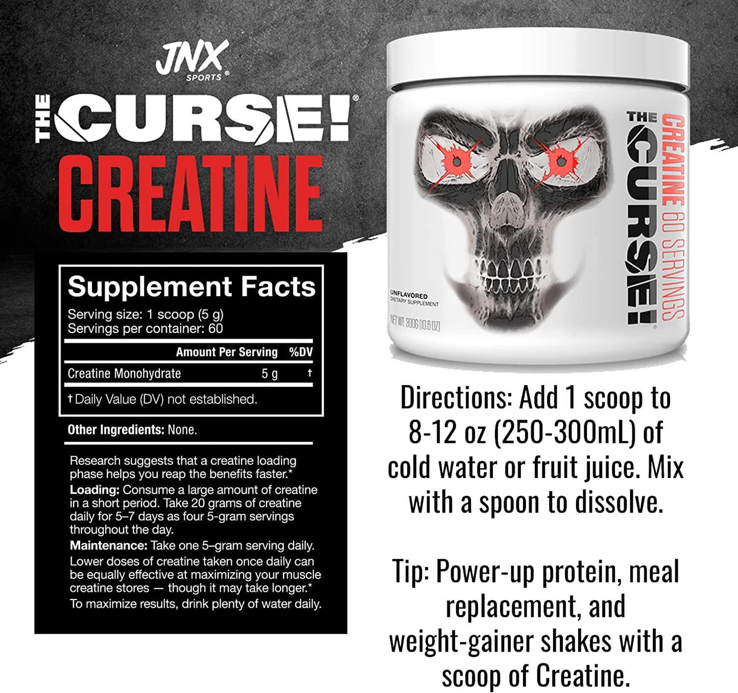 JNX SPORTS The Curse! Creatine - Creatine Monohydrate Powder 5g - Premium Creatine for Muscle Growth, Increased Strength and Athletic Performance - 60 Servings, Unflavored