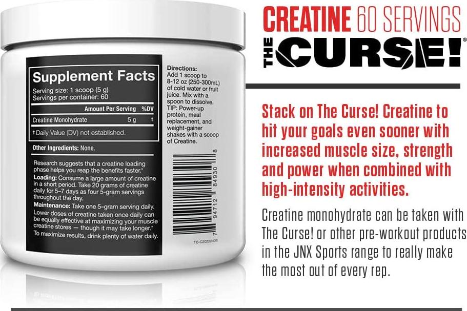 JNX SPORTS The Curse! Creatine - Creatine Monohydrate Powder 5g - Premium Creatine for Muscle Growth, Increased Strength and Athletic Performance - 60 Servings, Unflavored