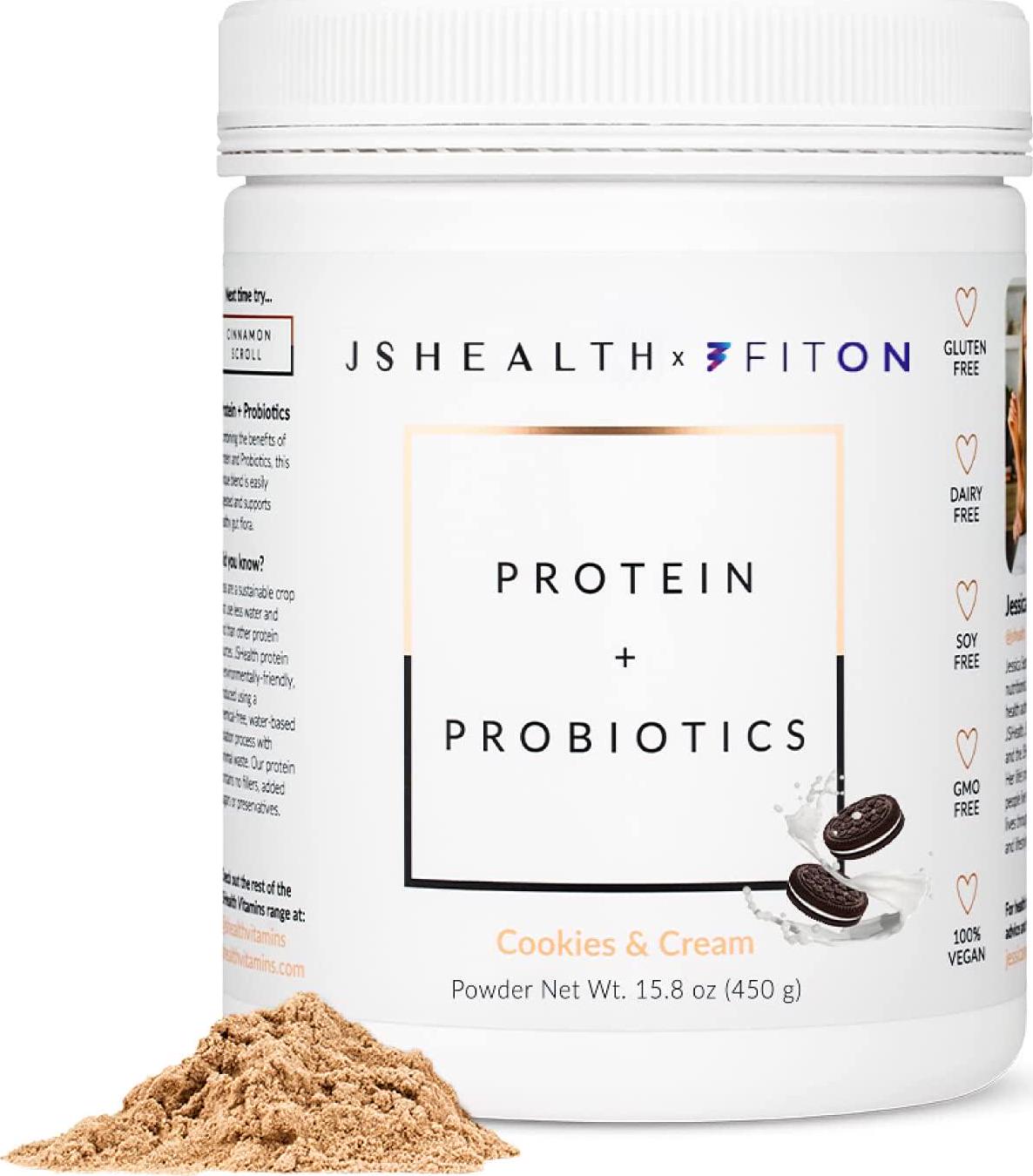 JSHealth x FitOn Vegan Pea Protein Powder with Probiotics - Gluten Free, Non GMO, Plant Based Protein Drink Mix - 450g, Cookies and Cream