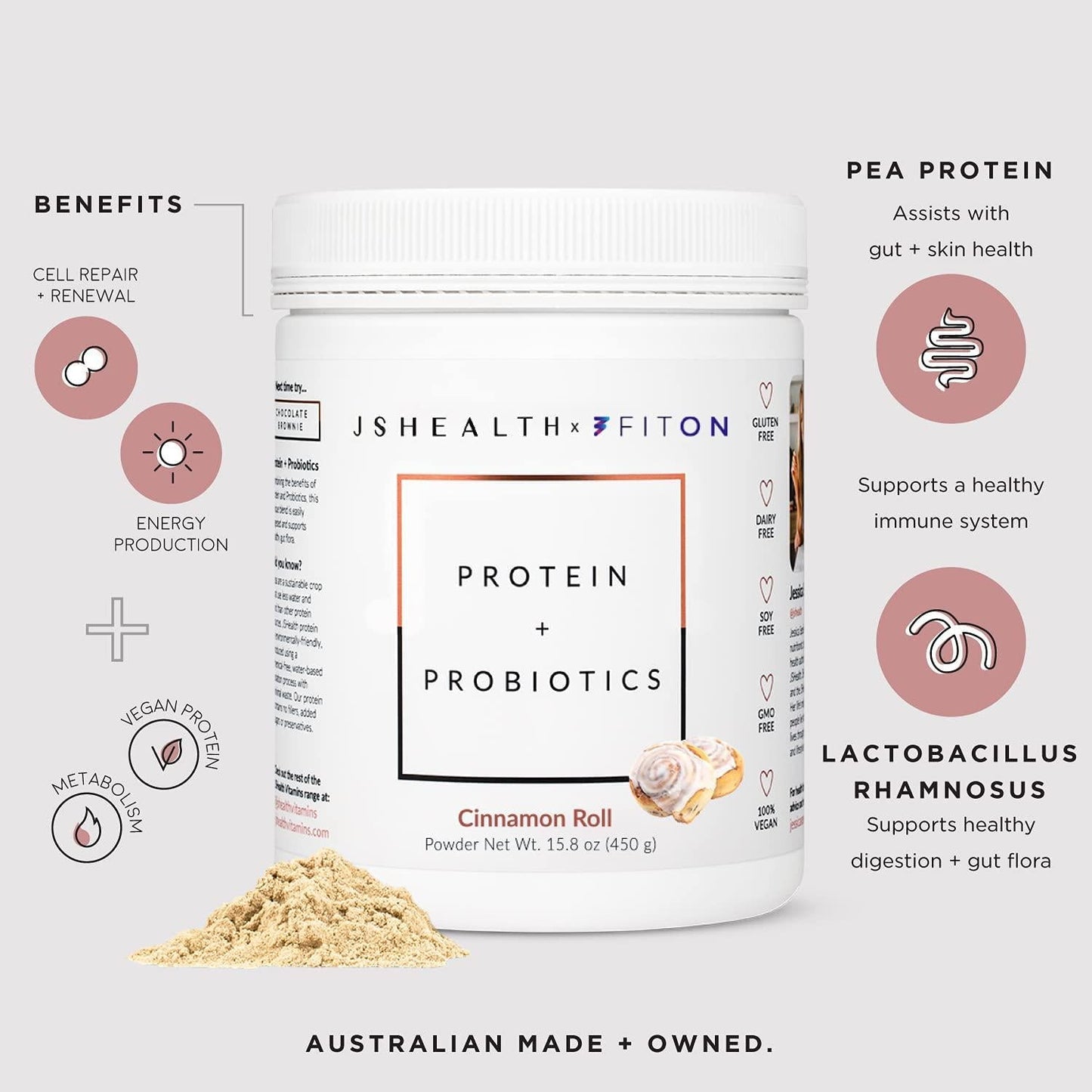 JSHealth x FitOn Vegan Pea Protein Powder with Probiotics - Gluten Free, Non GMO, Plant Based Protein Drink Mix - 450g, Cookies and Cream