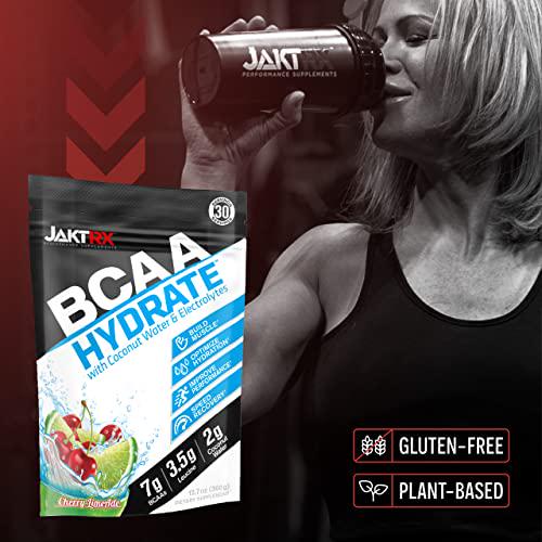 JaktRX BCAA Hydrate Premium Branched Chain Amino Acids and Hydration Formula 7g BCAAs, 2:1:1 Ratio, 3.5g Leucine, 2g Coconut Water, Caffeine-Free, Electrolytes 30 Servings (360g) Cherry Limeade
