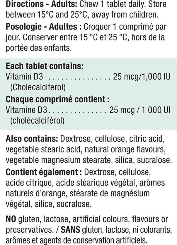 Jamieson Natural Tangy Orange Chewable Vitamin D 1000IU 100 tablets