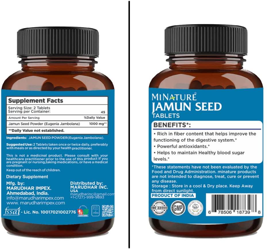 Jamun Seed Tablets by mi Nature | 90 Tablets, 1000 mg | 45 Days Supply | Jamun Tablets | Vegan | NO FILLERS | NO Binders
