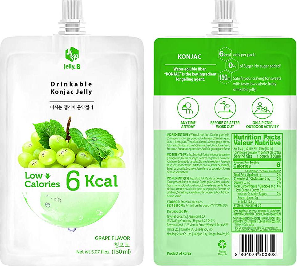 Jayone Drinkable Konjac Jelly (10 Packs of 150ml) - Healthy and Natural Weight Loss Diet Supplement Foods, 0 Gram Sugar, Low Calorie, Only 6 kcal Each Packets (Grape)