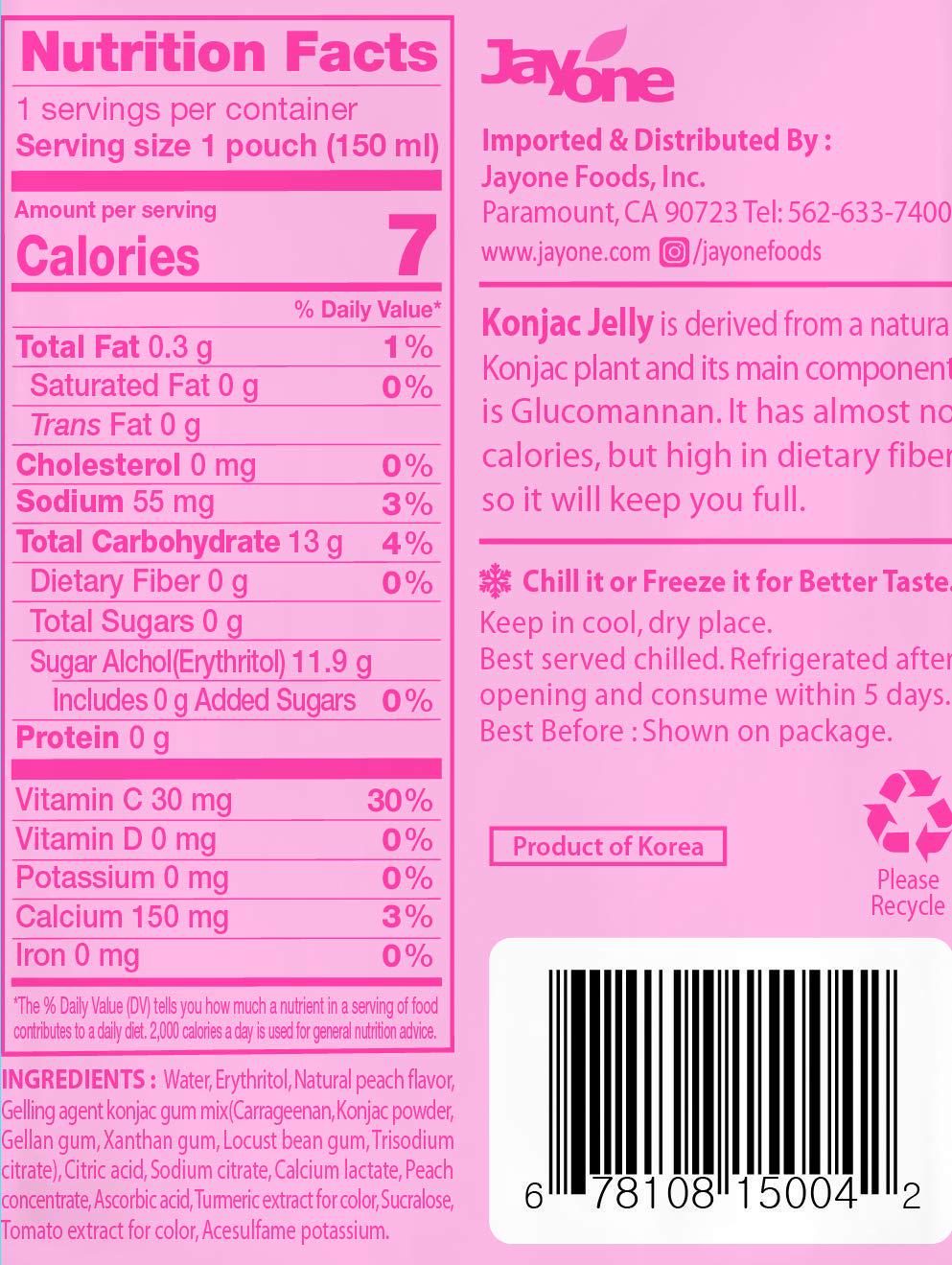 Jayone Drinkable Konjac Jelly (10 Packs of 150ml) - Healthy and Natural Weight Loss Diet Supplement Foods, 0 Gram Sugar, Low Calorie, Only 7 kcal Each Packets (Peach)
