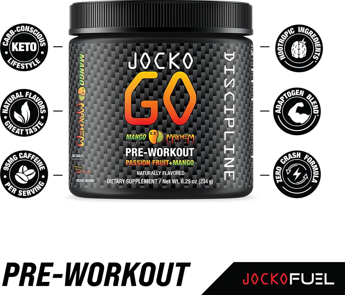 Jocko GO Pre Workout (Mango Mayhem) - Keto, Vitamin C, L Theanine, Caffeine, L Citrulline, Rhodiola, Sugar Free Nootropic Blend - Supports Muscle Pump, Endurance and Recovery - 30 Servings