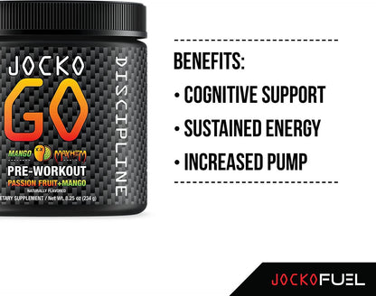 Jocko GO Pre Workout (Mango Mayhem) - Keto, Vitamin C, L Theanine, Caffeine, L Citrulline, Rhodiola, Sugar Free Nootropic Blend - Supports Muscle Pump, Endurance and Recovery - 30 Servings