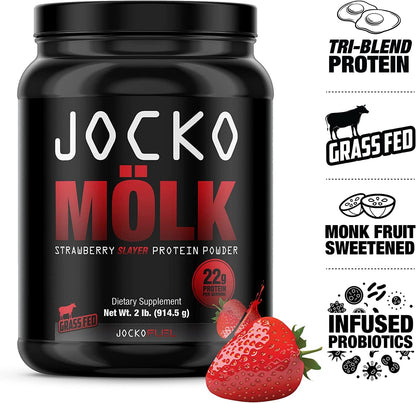 Jocko Mölk by Origin Labs - Whey Isolate Protein Powder - Strawberry Flavor - Sugar-Free Monkfruit Blend - Amino Acids and Probiotics - 31 Servings - 2 Pounds