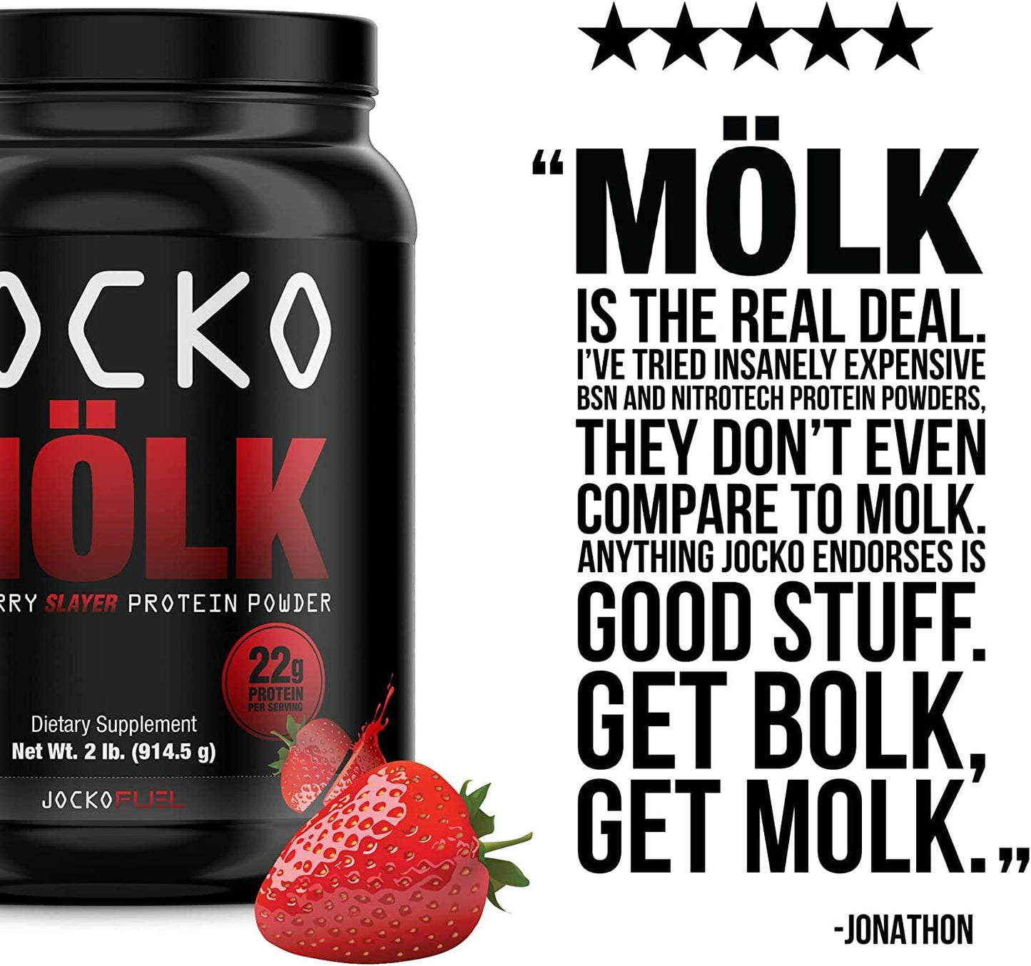 Jocko Mölk by Origin Labs - Whey Isolate Protein Powder - Strawberry Flavor - Sugar-Free Monkfruit Blend - Amino Acids and Probiotics - 31 Servings - 2 Pounds