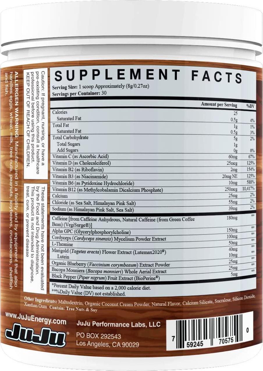 JuJu Gaming Energy Drink Horchata Mix - Energy Supplement Supports Focus, Endurance, Concentration, Eye Health. Natural Caffeine, Vitamins