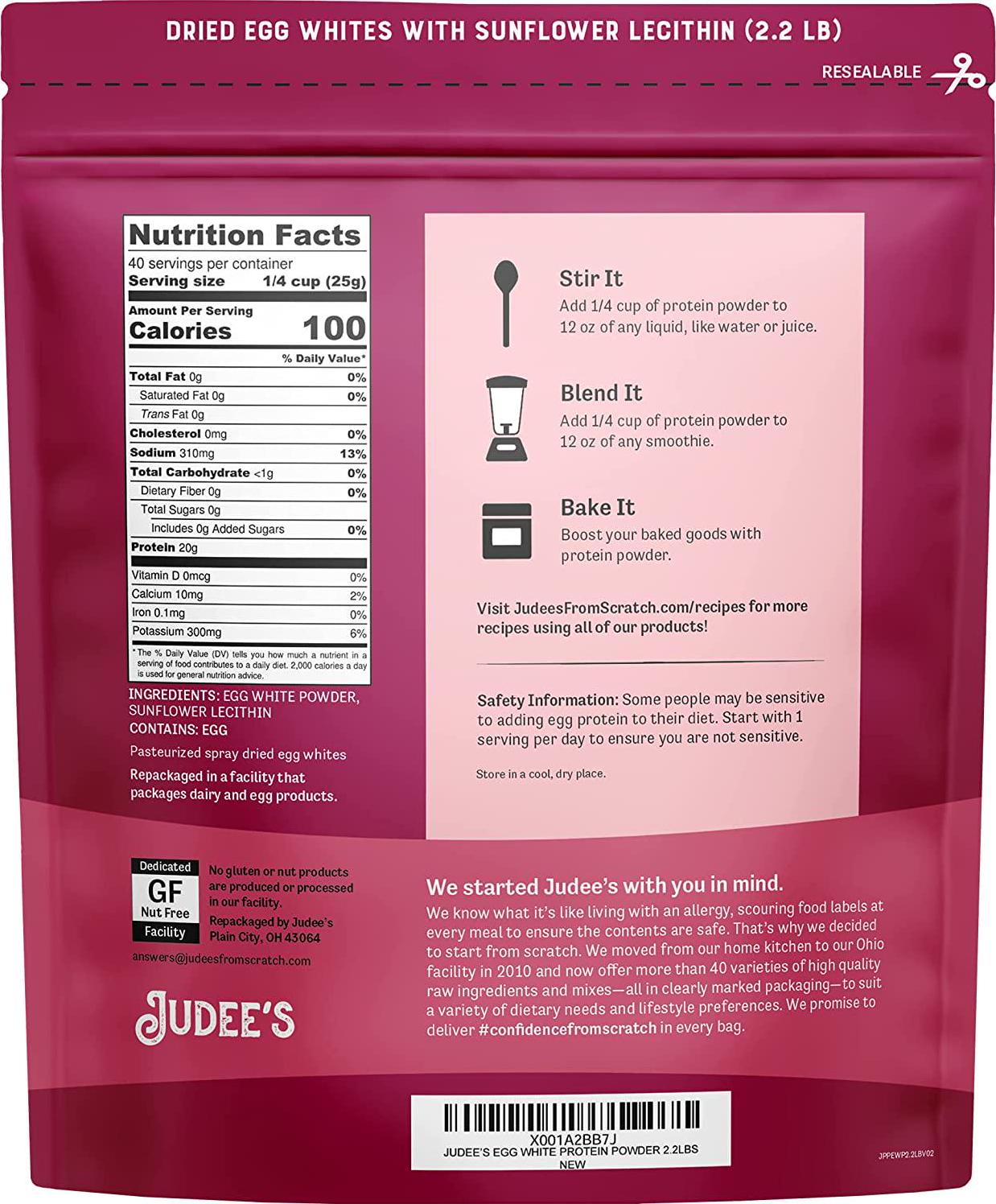 Judee s Unflavored Egg White Protein Powder for Fast Blending 2.2 lb - 100% Non-GMO, Keto-Friendly, Pasteurized - Dairy-Free, Soy-Free, Paleo-Friendly, Gluten-Free and Nut-Free - Made in USA