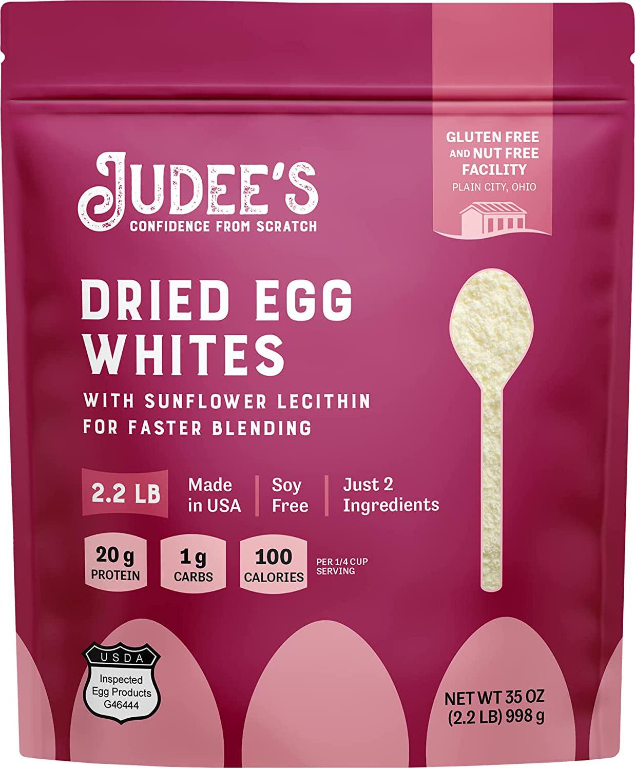 Judee s Unflavored Egg White Protein Powder for Fast Blending 2.2 lb - 100% Non-GMO, Keto-Friendly, Pasteurized - Dairy-Free, Soy-Free, Paleo-Friendly, Gluten-Free and Nut-Free - Made in USA
