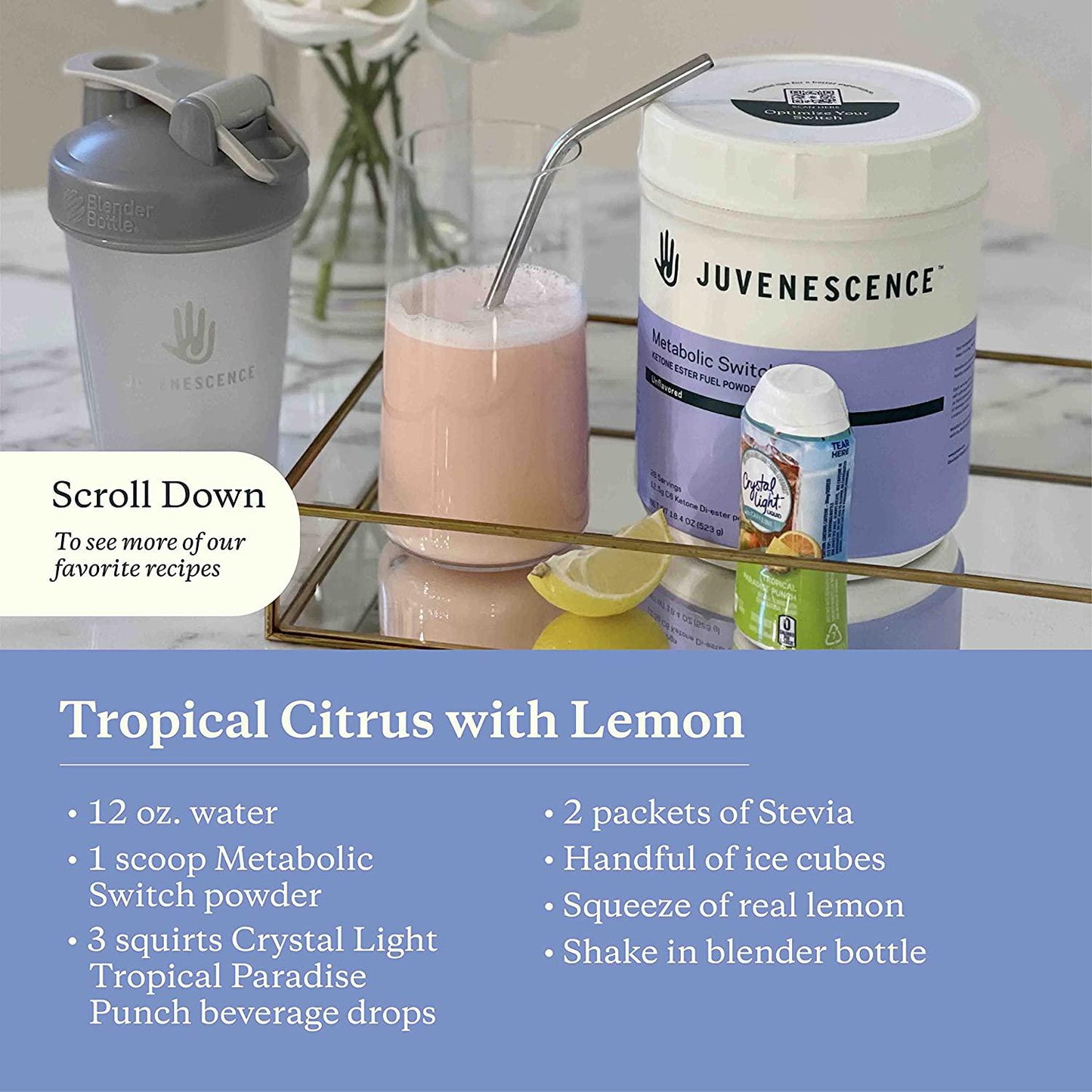 Juvenescence Metabolic Switch Ketone Drink and Powder - Switch on Ketosis - BHB - 18.4 oz. Powder (28 Servings) + 28 Count Drinks (2.5 oz Each).