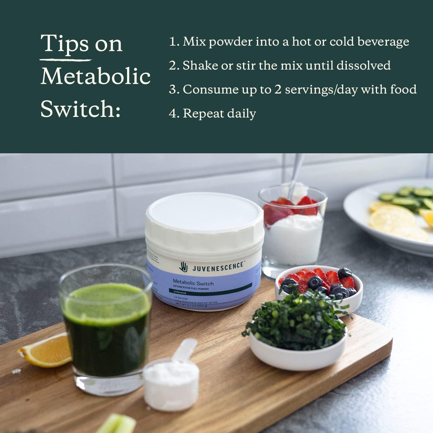 Juvenescence Metabolic Switch Ketone Drink and Powder - Switch on Ketosis - BHB - 18.4 oz. Powder (28 Servings) + 28 Count Drinks (2.5 oz Each).