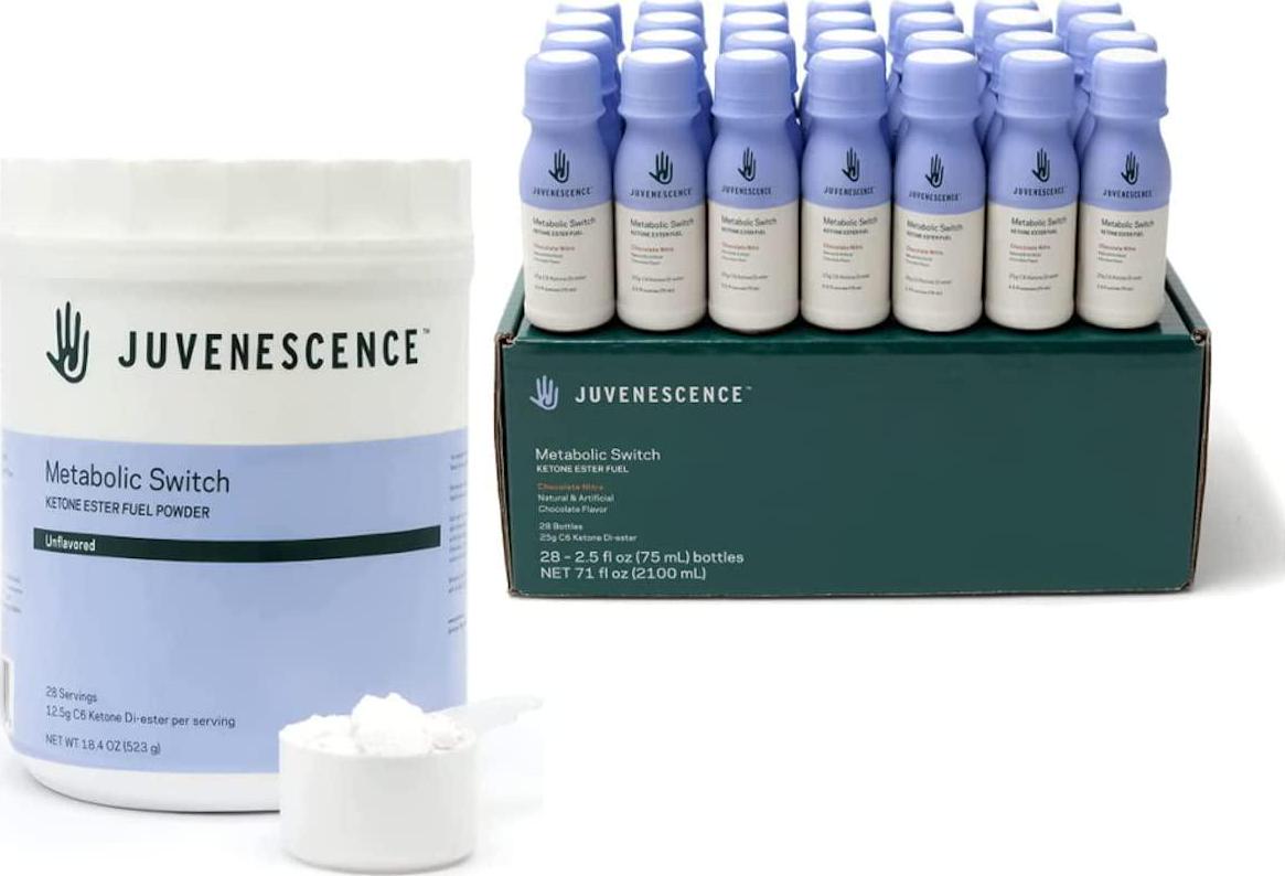 Juvenescence Metabolic Switch Ketone Drink and Powder - Switch on Ketosis - BHB - 18.4 oz. Powder (28 Servings) + 28 Count Drinks (2.5 oz Each).