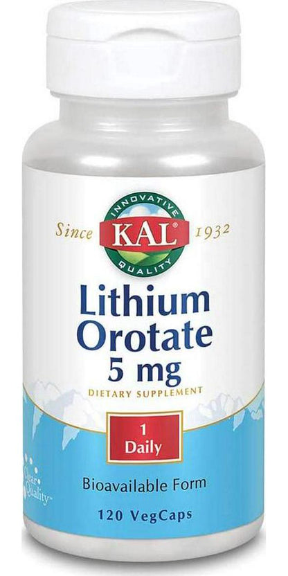 KAL Lithium Orotate 5 milligrams | Low Serving Of Chelated Lithium Orotate For Bioavailability and Mood Support | In Organic Rice Bran Extract Base | 120 VegCaps