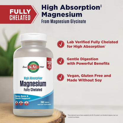 KAL Magnesium Glycinate Tablets, Fully Chelated, High Absorption Formula with Magnesium Bisglycinate Chelate for Nerve, Muscle and Bone Health Support, Vegan, Gluten Free, Value Size, 240 Tablets