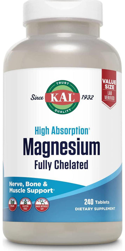 KAL Magnesium Glycinate Tablets, Fully Chelated, High Absorption Formula with Magnesium Bisglycinate Chelate for Nerve, Muscle and Bone Health Support, Vegan, Gluten Free, Value Size, 240 Tablets