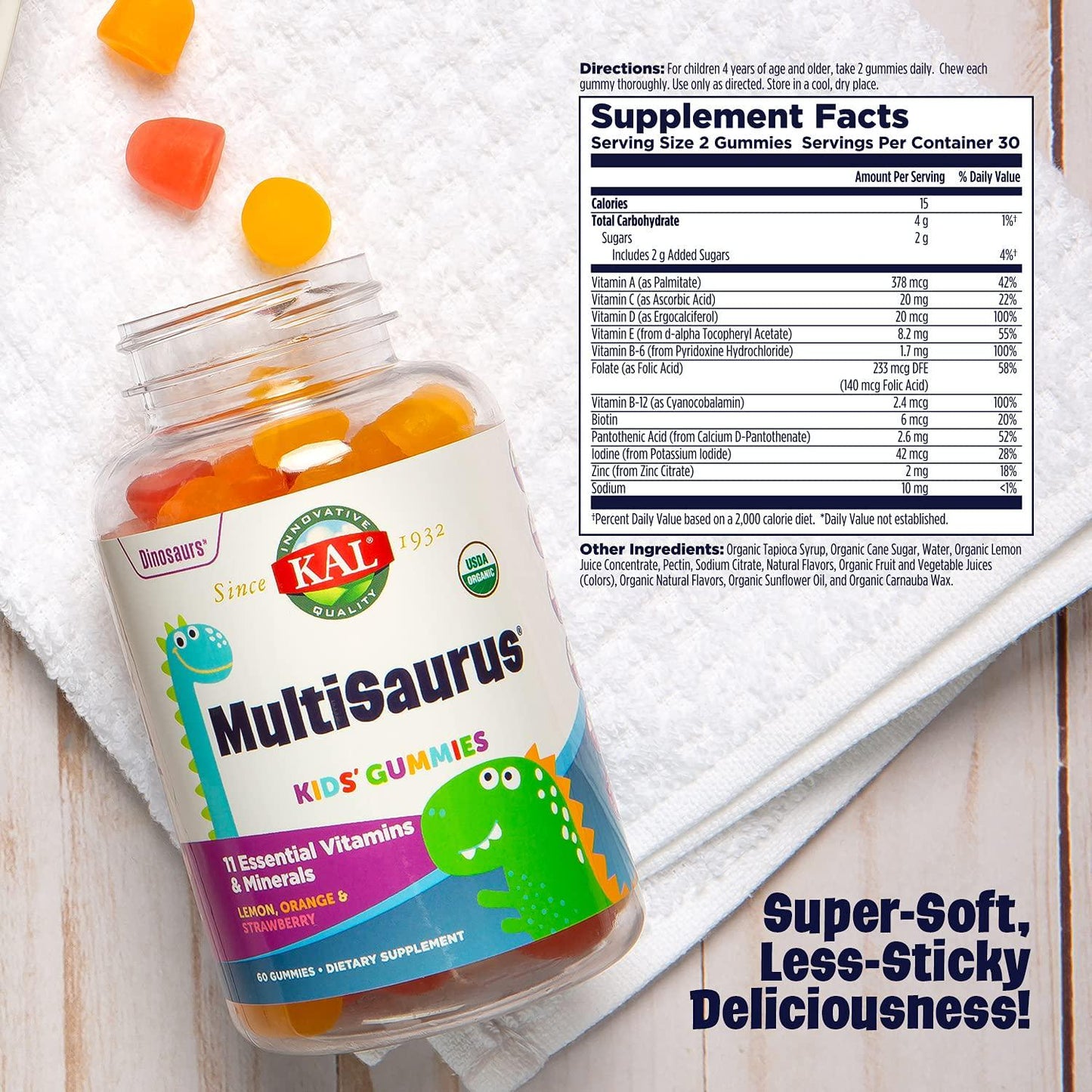 KAL MultiSaurus Kids’ Gummies | USDA Organic Multivitamin and Mineral for Children | Vegan, Gluten Free | 30 Serv, 60 Ct