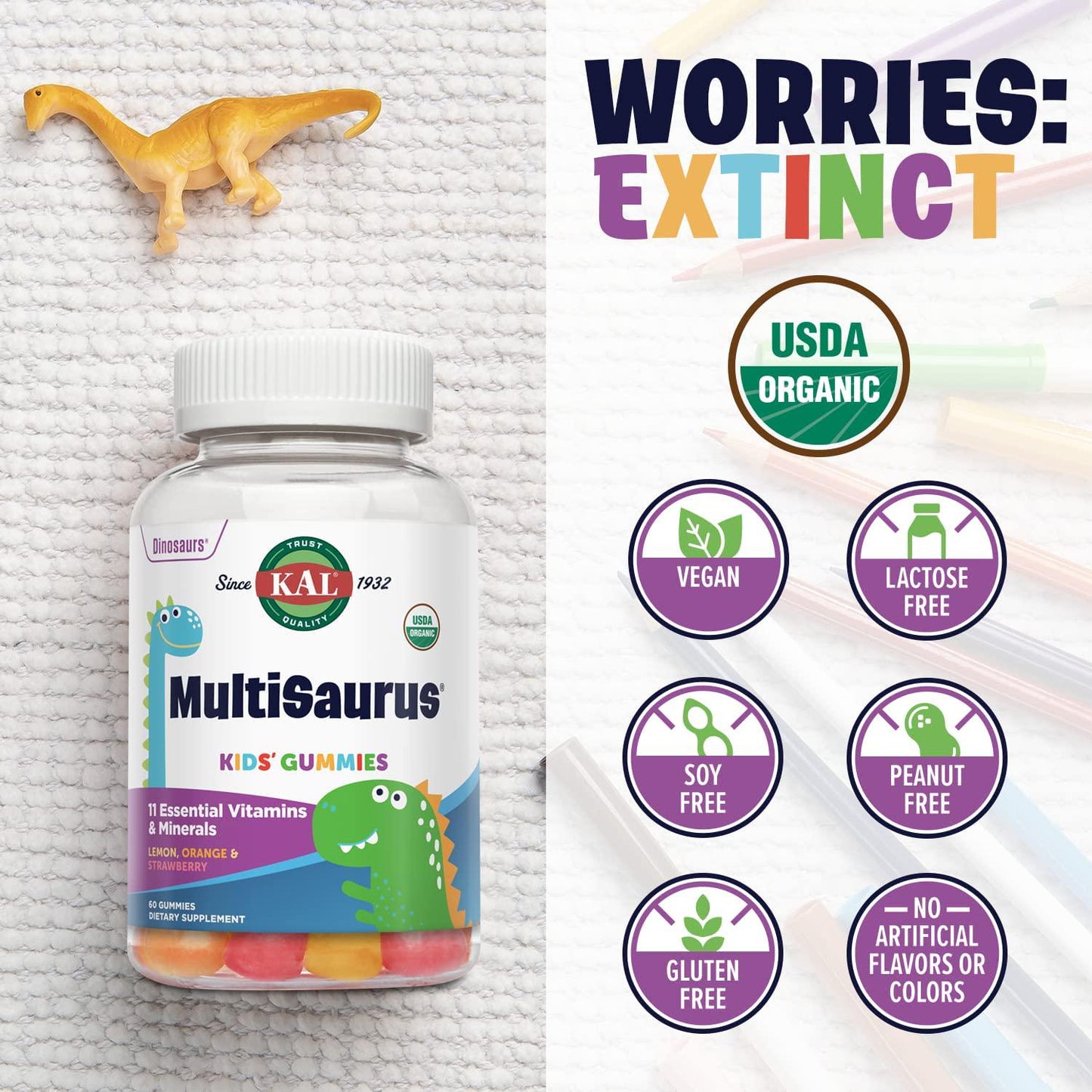 KAL MultiSaurus Kids’ Gummies | USDA Organic Multivitamin and Mineral for Children | Vegan, Gluten Free | 30 Serv, 60 Ct