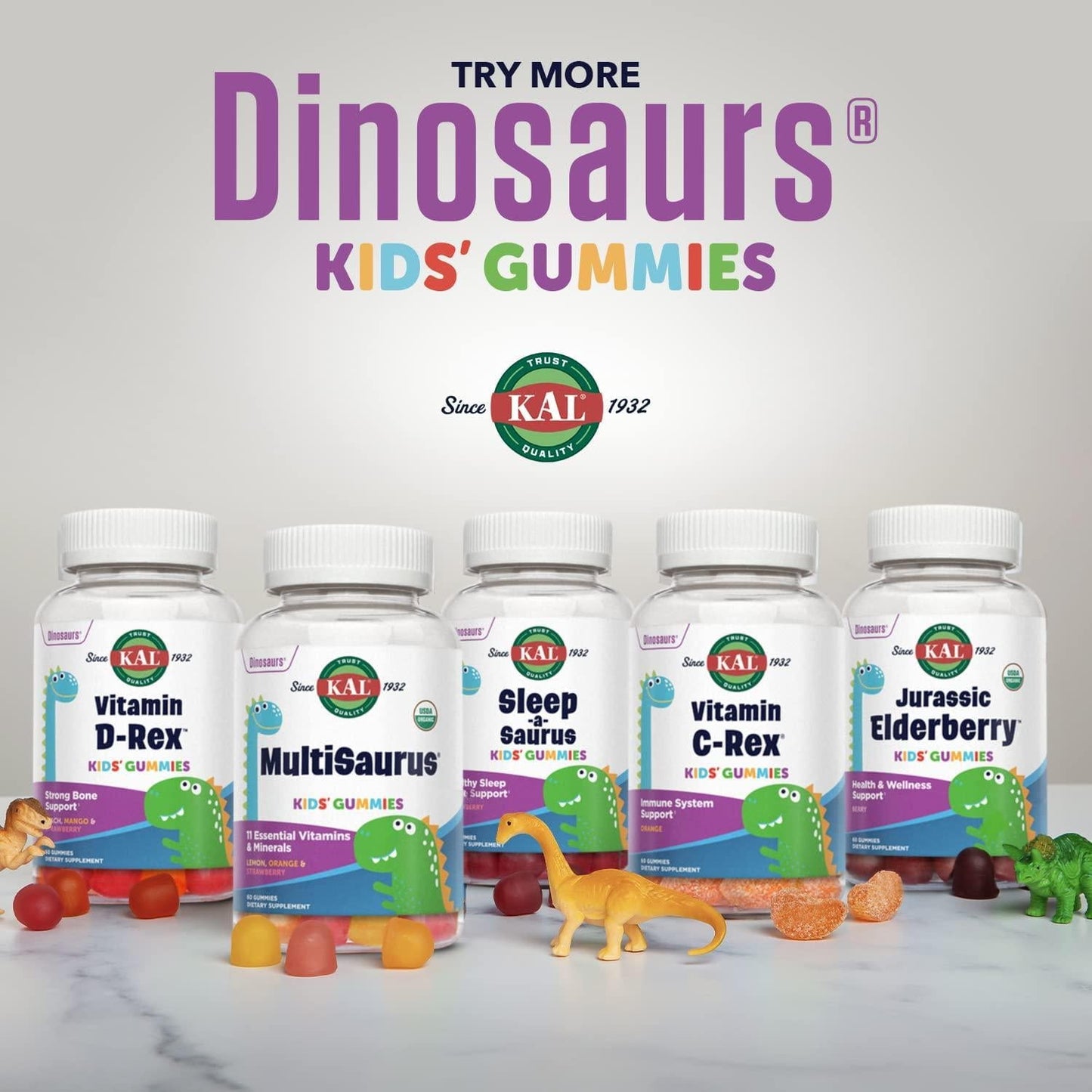 KAL Vitamin D-Rex Kids Gummies | Healthy Immune, Heart, Bone and Oral Support | Vegetarian, Gluten Free | 60 Ct