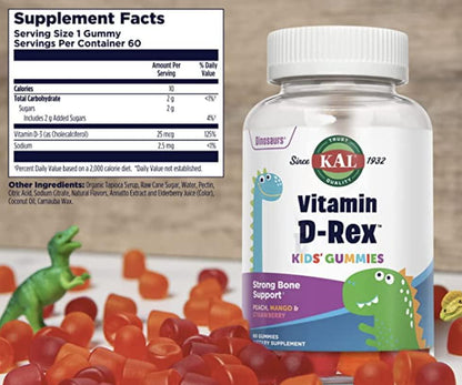 KAL Vitamin D-Rex Kids Gummies | Healthy Immune, Heart, Bone and Oral Support | Vegetarian, Gluten Free | 60 Ct