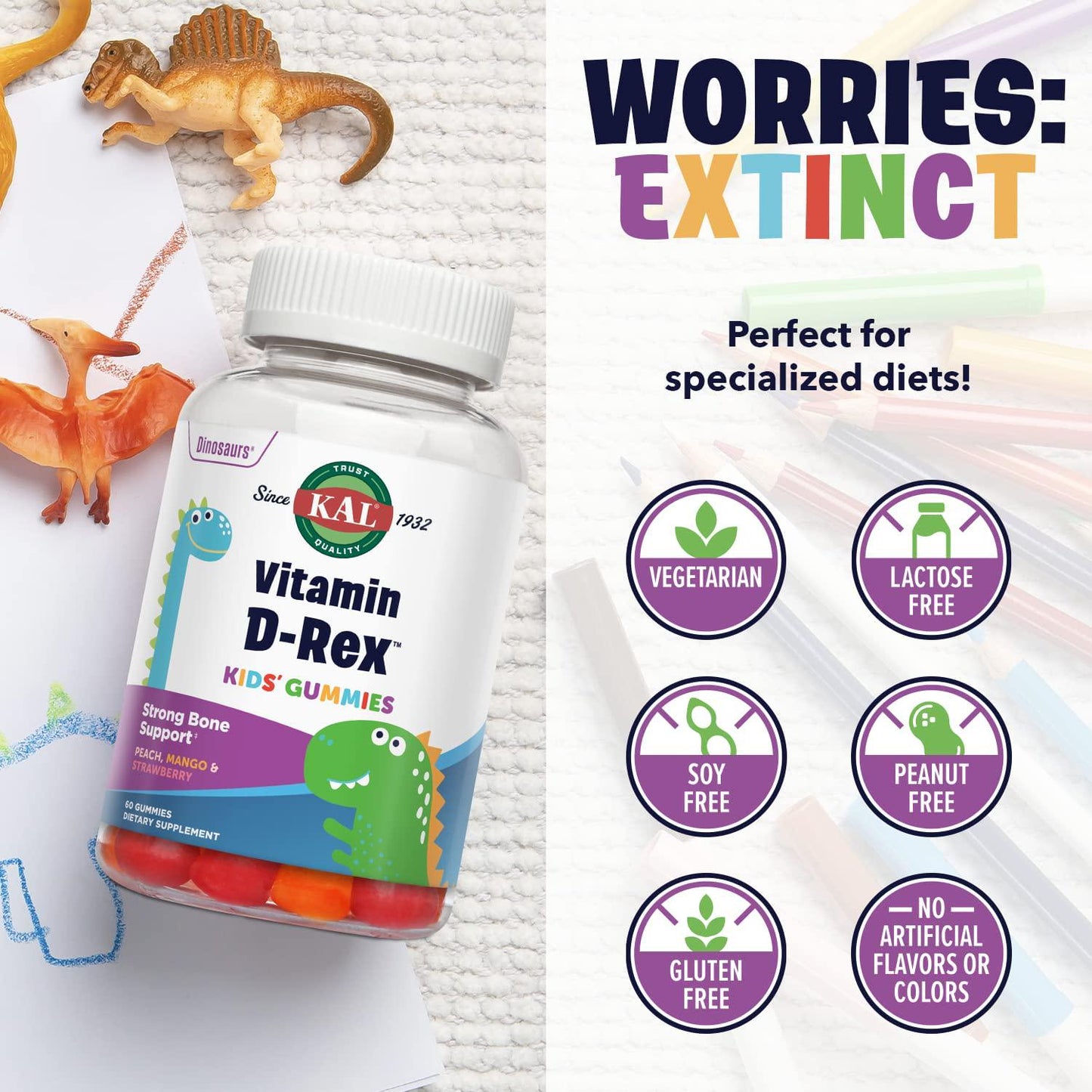 KAL Vitamin D-Rex Kids Gummies | Healthy Immune, Heart, Bone and Oral Support | Vegetarian, Gluten Free | 60 Ct