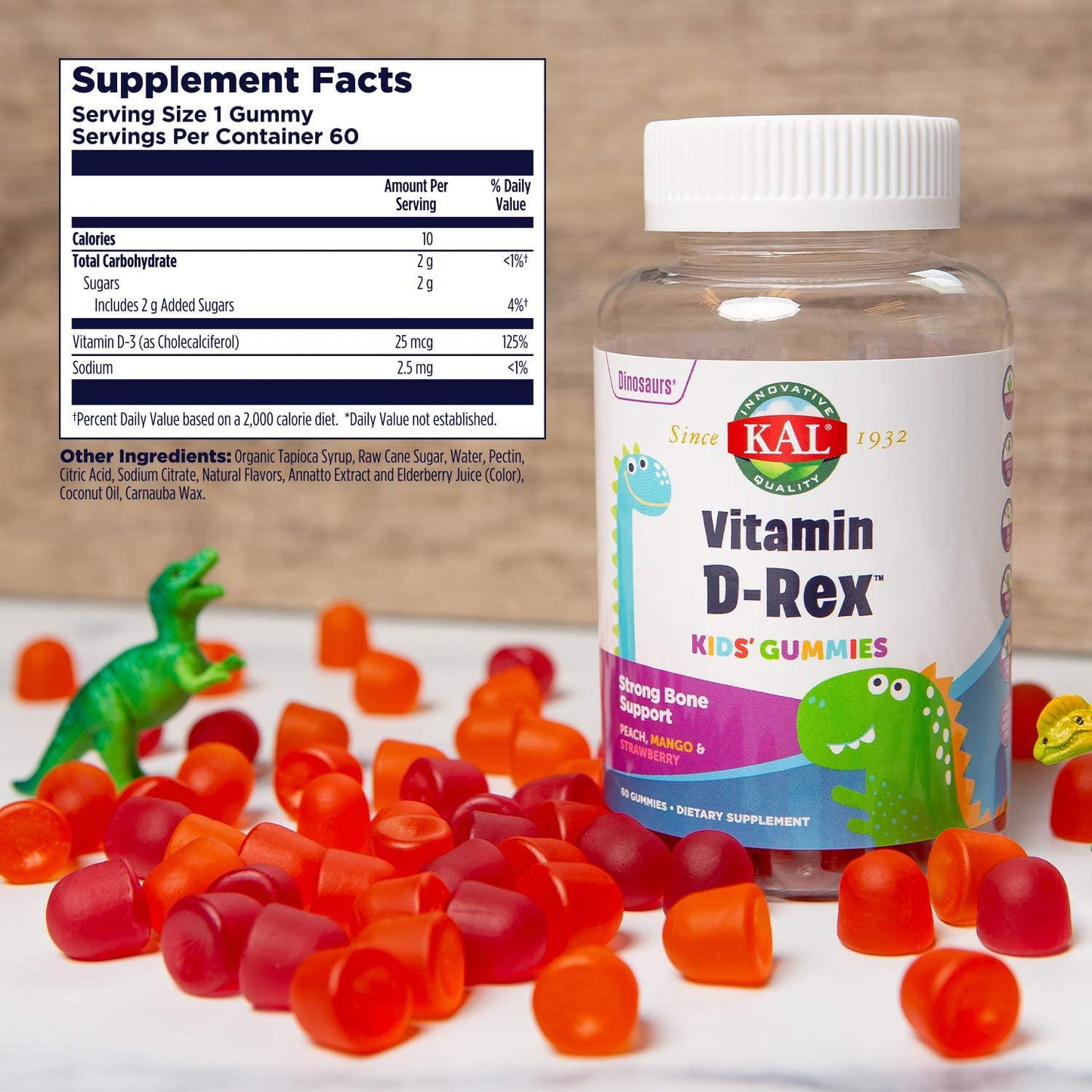 KAL Vitamin D-Rex Kids Gummies | Healthy Immune, Heart, Bone and Oral Support | Vegetarian, Gluten Free | 60 Ct