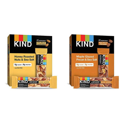 KIND Bars, Honey Roasted Nuts and Sea Salt, Gluten Free, Low Sugar, 1.4oz, 12 Count and Bars, Maple Glazed Pecan and Sea Salt, Gluten Free, Low Sugar, 1.4oz, 12 Count