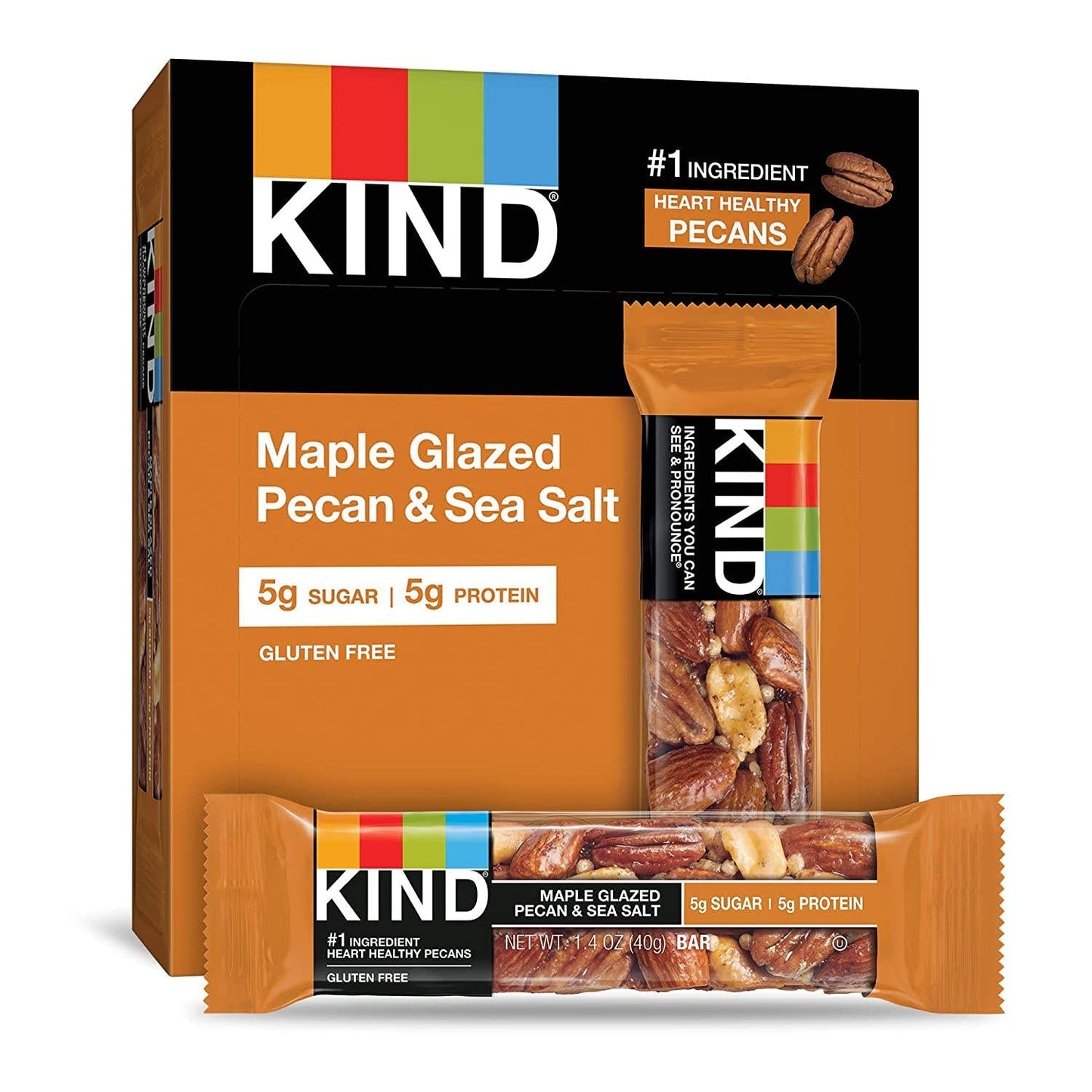 KIND Bars, Honey Roasted Nuts and Sea Salt, Gluten Free, Low Sugar, 1.4oz, 12 Count and Bars, Maple Glazed Pecan and Sea Salt, Gluten Free, Low Sugar, 1.4oz, 12 Count