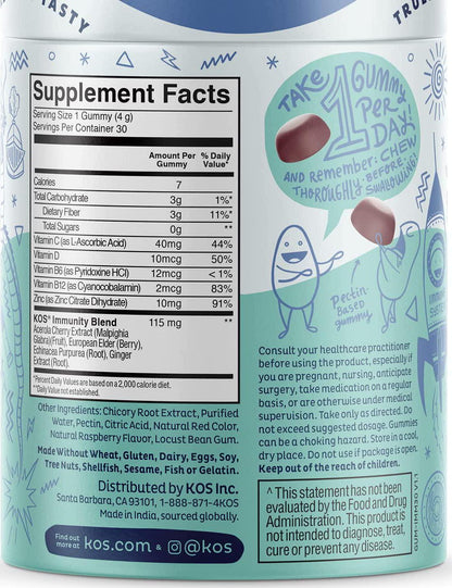 KOS Immune Support Gummies - Sugar and Gelatin Free Elderberry Gummies with Vitamin C and Zinc, Vitamin D, Vitamin B6 and B12 for Adults and Kids - Individually Wrapped Chewable Multivitamins - 30 Day Supply