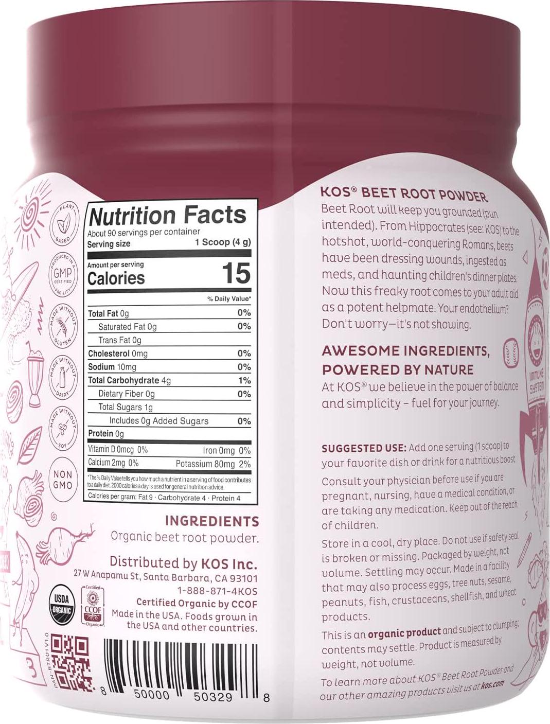 KOS Organic Beet Root Powder - Natural Nitric Oxide Booster Beet Root Powder - USDA Organic, Stamina Increasing, Circulation Superfood Plant Based Ingredient, 360g, 90 Servings