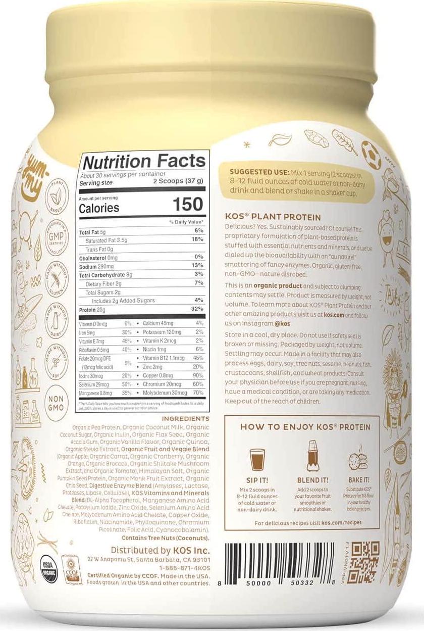 KOS Organic Plant Based Protein Powder, Vanilla - Delicious Vegan Protein Powder - Keto Friendly, Gluten Free, Dairy Free and Soy Free - 2.4 Pounds, 30 Servings