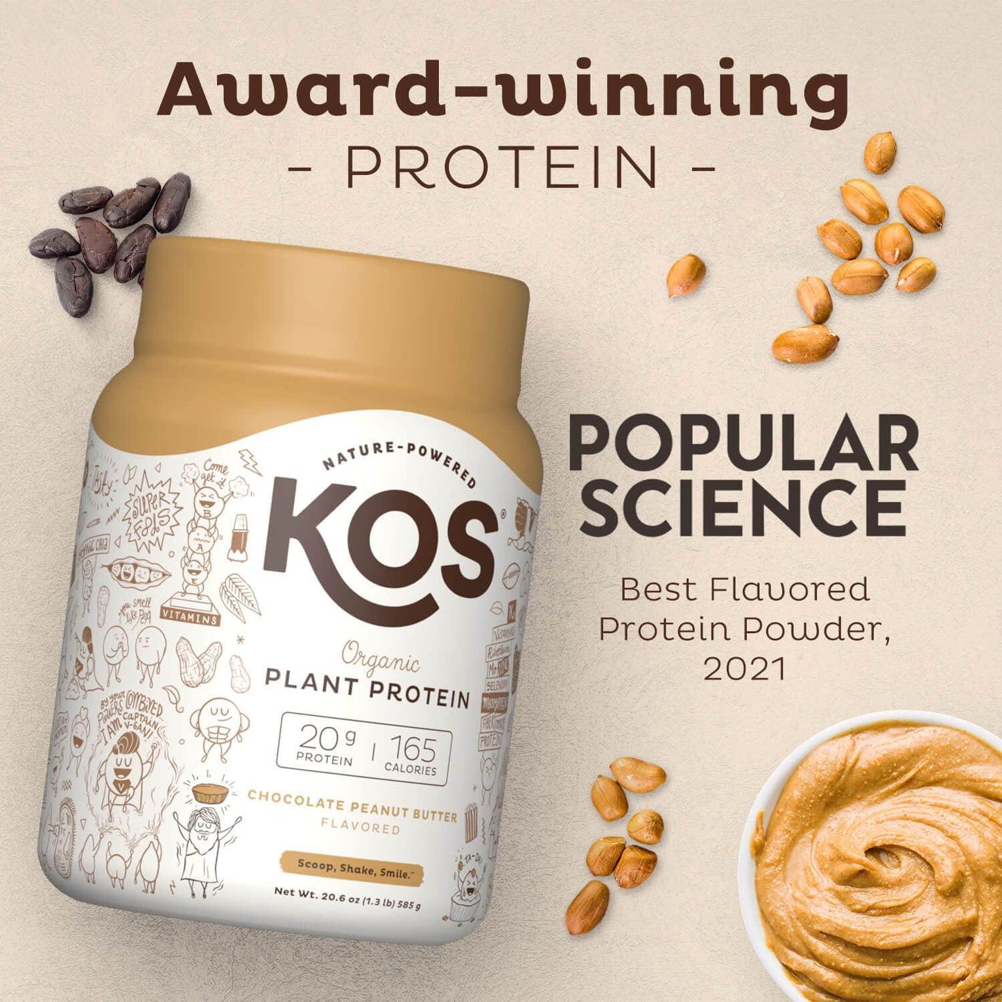 KOS Organic Plant Based Protein Powder, Chocolate Peanut Butter - Delicious Vegan Protein Powder - Keto Friendly, Gluten Free, Dairy Free and Soy Free - 1.3 Pounds, 15 Servings