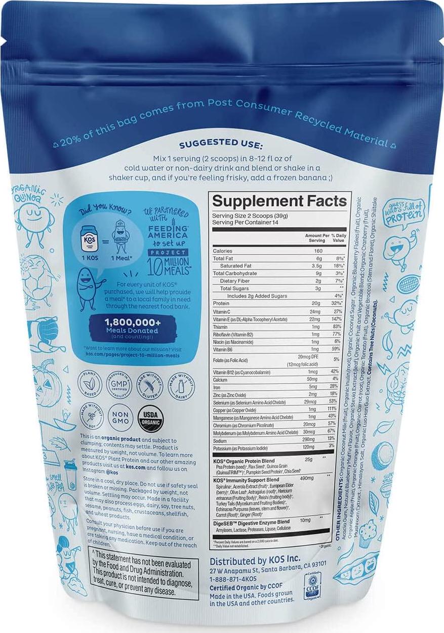 KOS Vegan Protein Powder - Blueberry Muffin Protein Powder - Added Blue Spirulina and Immune Support - Soy, Gluten and Dairy Free - 14 Servings