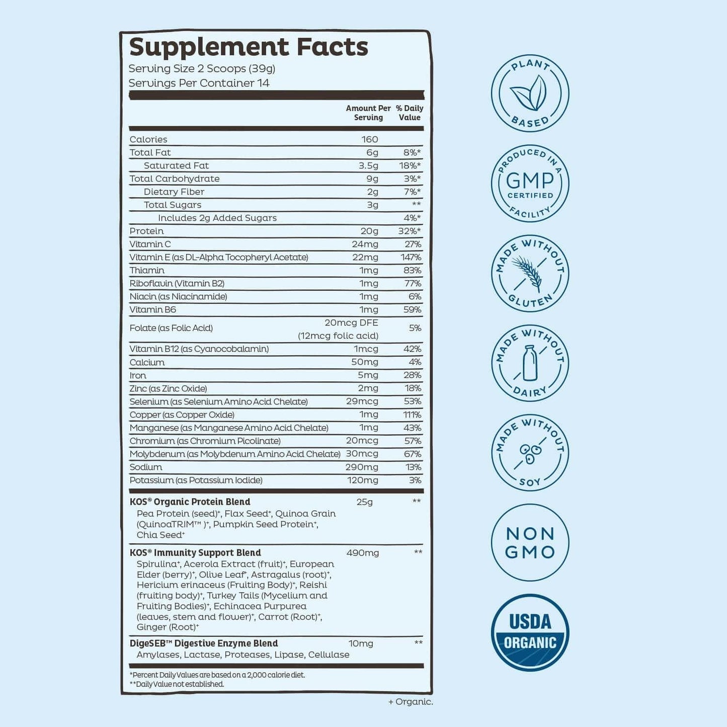 KOS Vegan Protein Powder - Blueberry Muffin Protein Powder - Added Blue Spirulina and Immune Support - Soy, Gluten and Dairy Free - 14 Servings