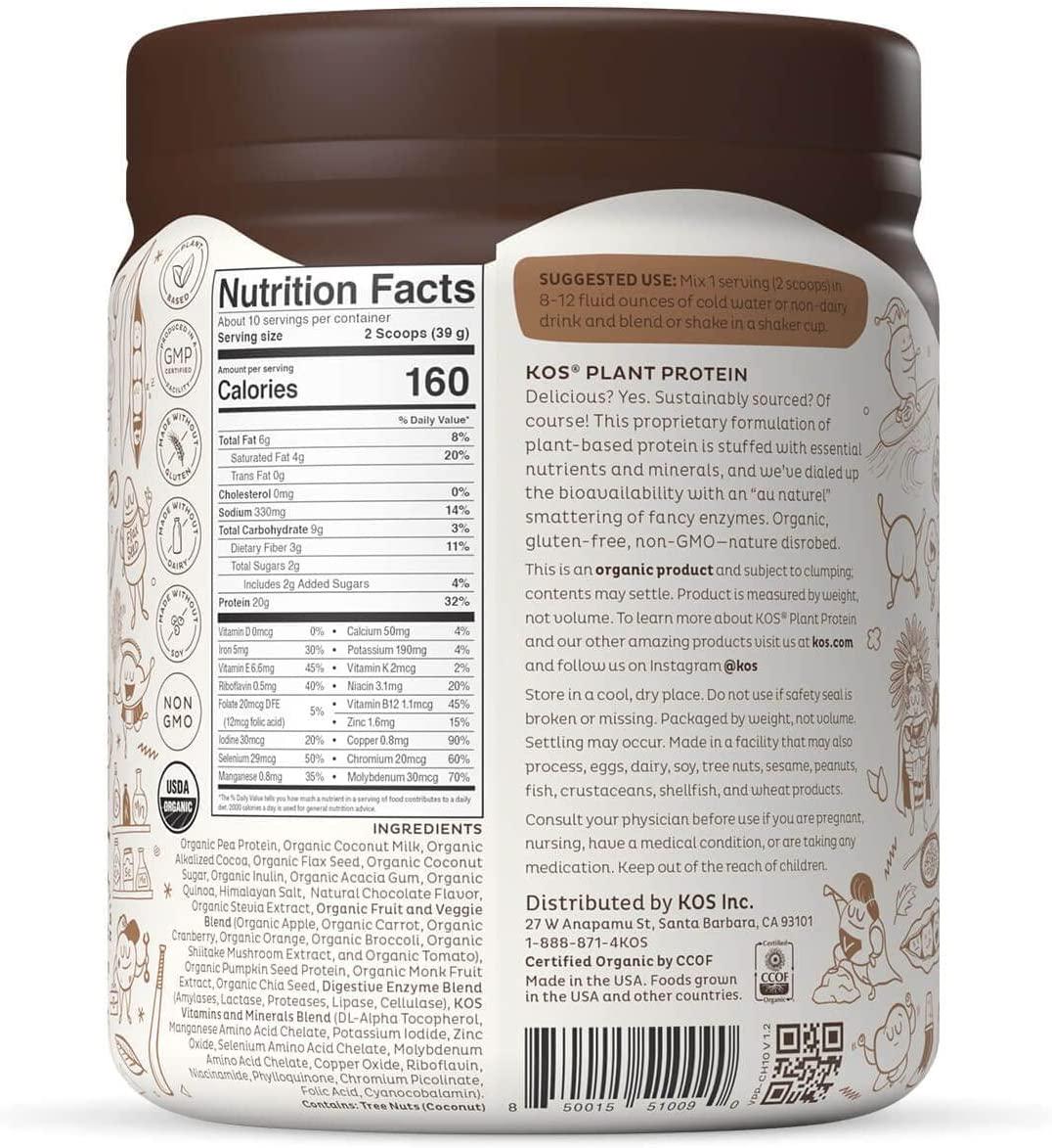 KOS Vegan Protein Powder, Chocolate - Low Carb Pea Protein Blend - Plant Based Protein Powder - USDA Organic, Keto, Gluten, Soy and Dairy Free - Meal Replacement for Women and Men