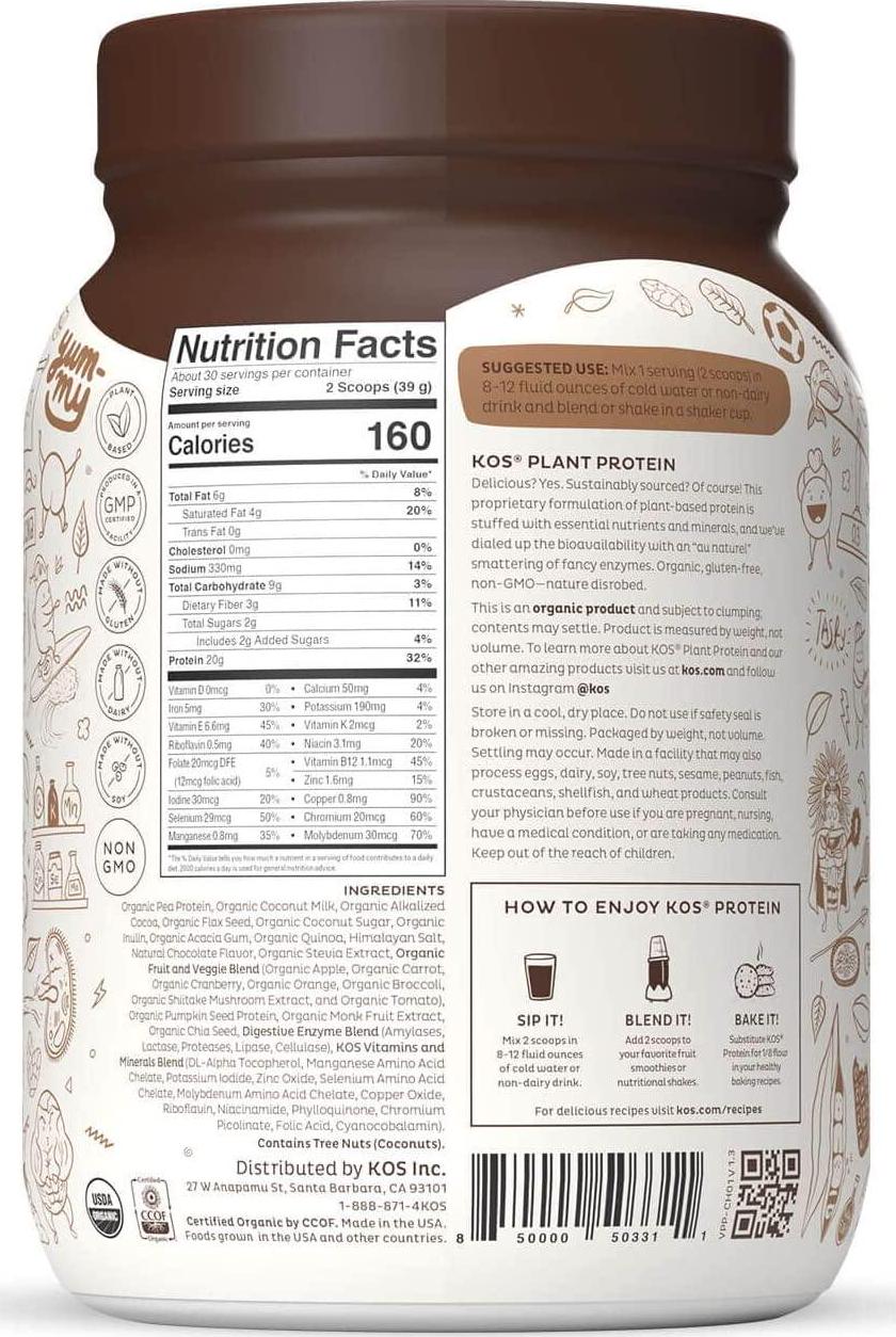 KOS Vegan Protein Powder, Chocolate - Low Carb Pea Protein Blend - Plant Based Protein Powder - USDA Organic, Keto, Gluten, Soy and Dairy Free - Meal Replacement for Women and Men - 30 Servings