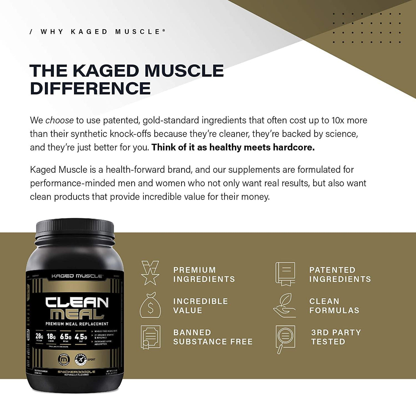 Kaged Muscle Clean Meal; Meal Replacement Shake with Whey Protein Isolate, Clean Carbs, MCT Oil Fats, Organic Vitamins and Minerals, Snickerdoodle, 20 Servings