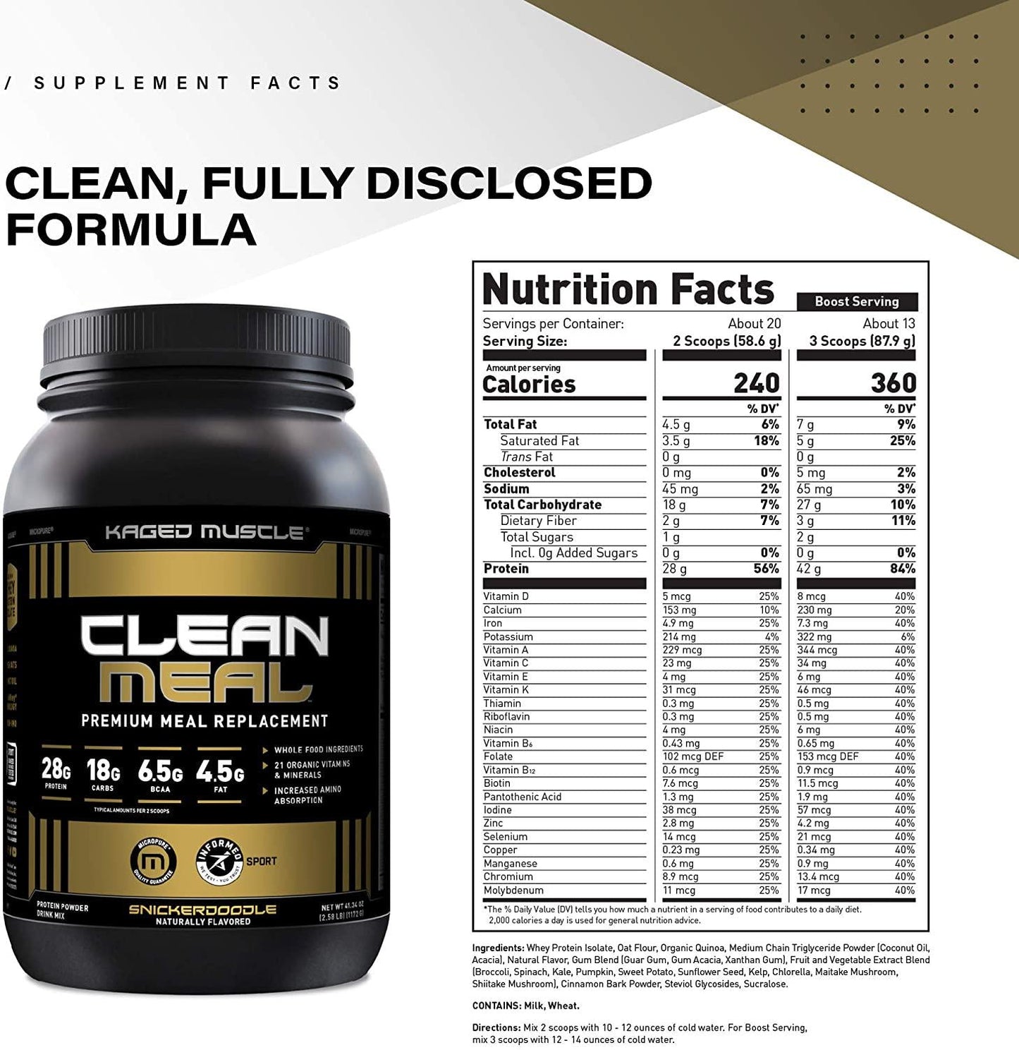 Kaged Muscle Clean Meal; Meal Replacement Shake with Whey Protein Isolate, Clean Carbs, MCT Oil Fats, Organic Vitamins and Minerals, Snickerdoodle, 20 Servings