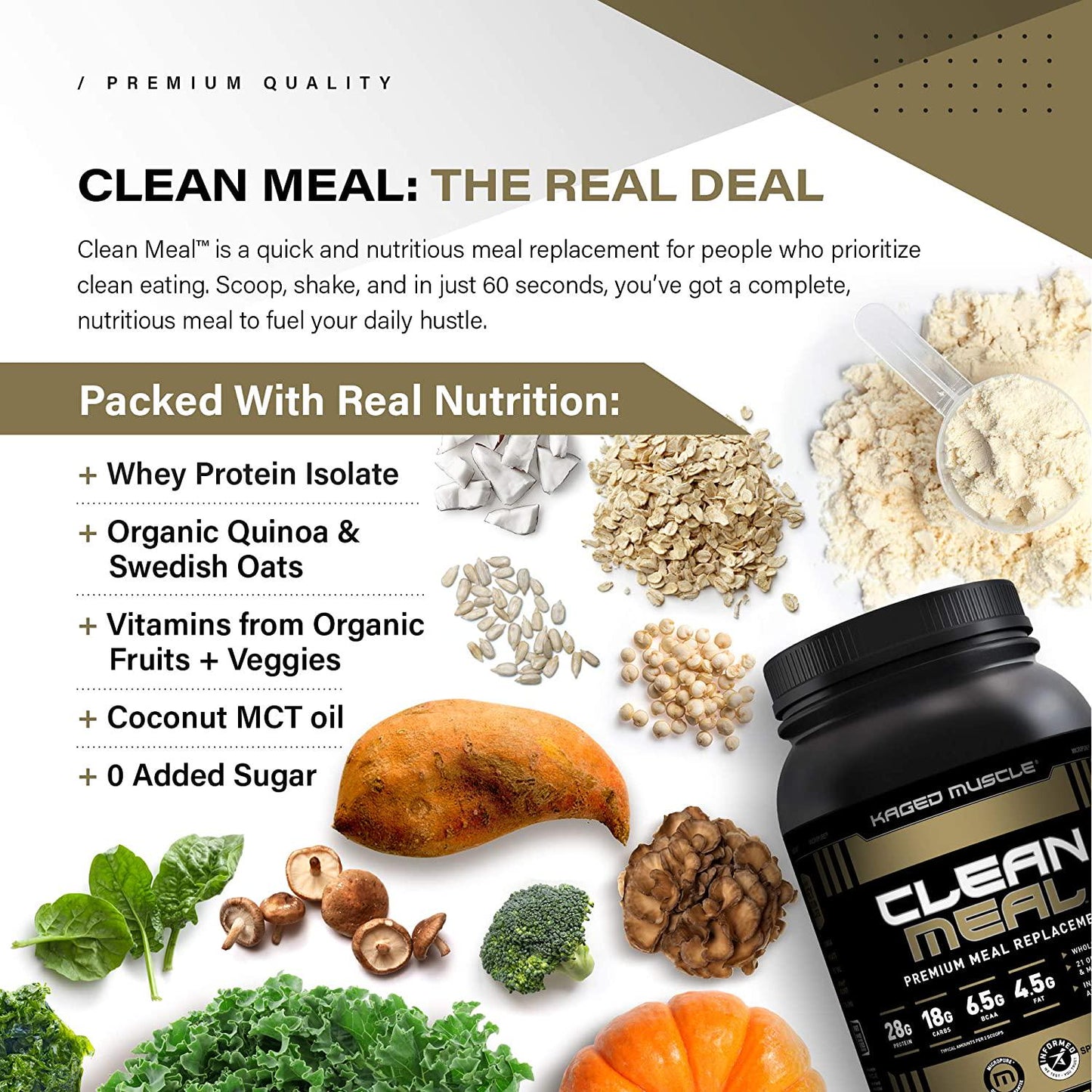 Kaged Muscle Clean Meal; Meal Replacement Shake with Whey Protein Isolate, Clean Carbs, MCT Oil Fats, Organic Vitamins and Minerals, Snickerdoodle, 20 Servings