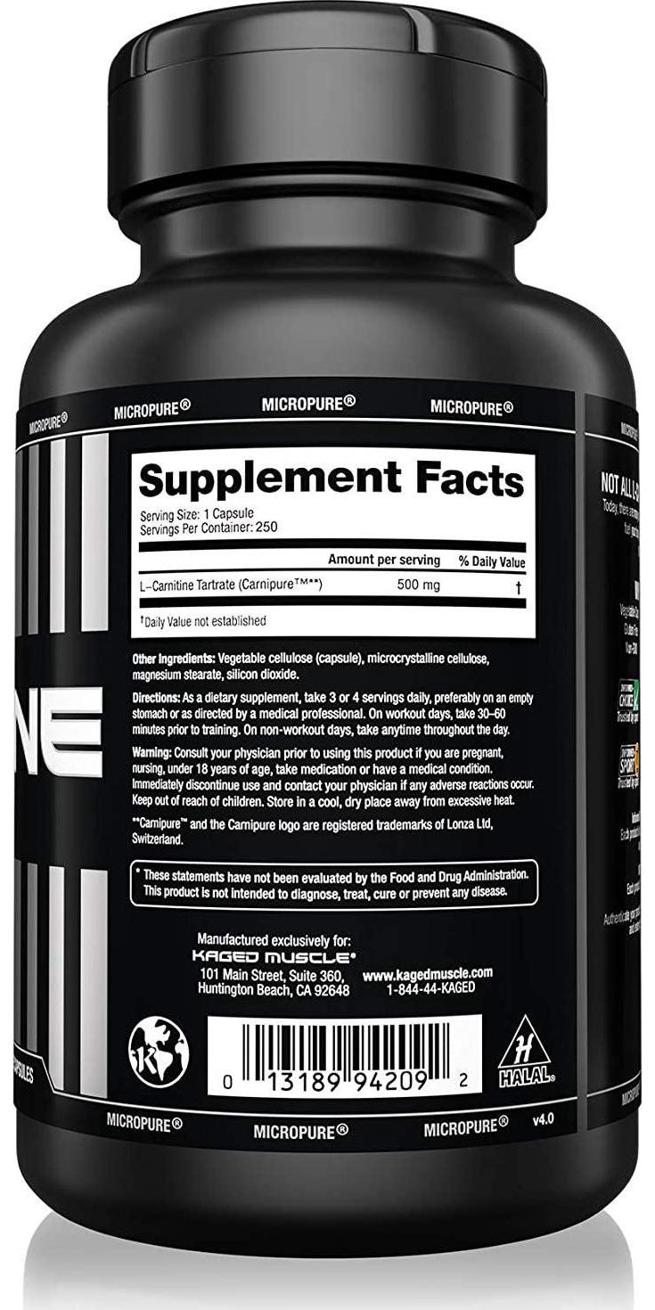 Kaged Muscle, Premium L-Carnitine 500 mg, Stimulant Free for Men and Women, Supports Recovery and reduction of post-workout markers of muscle stress and soreness, Carnitine, 250 Veggie Capsules