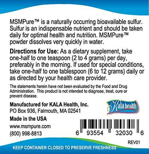 Kala Health MSMPure Fine Powder, Fast Dissolving Organic Sulfur Crystals, 99% Pure Distilled MSM Supplement, Made in USA, 8.8 oz