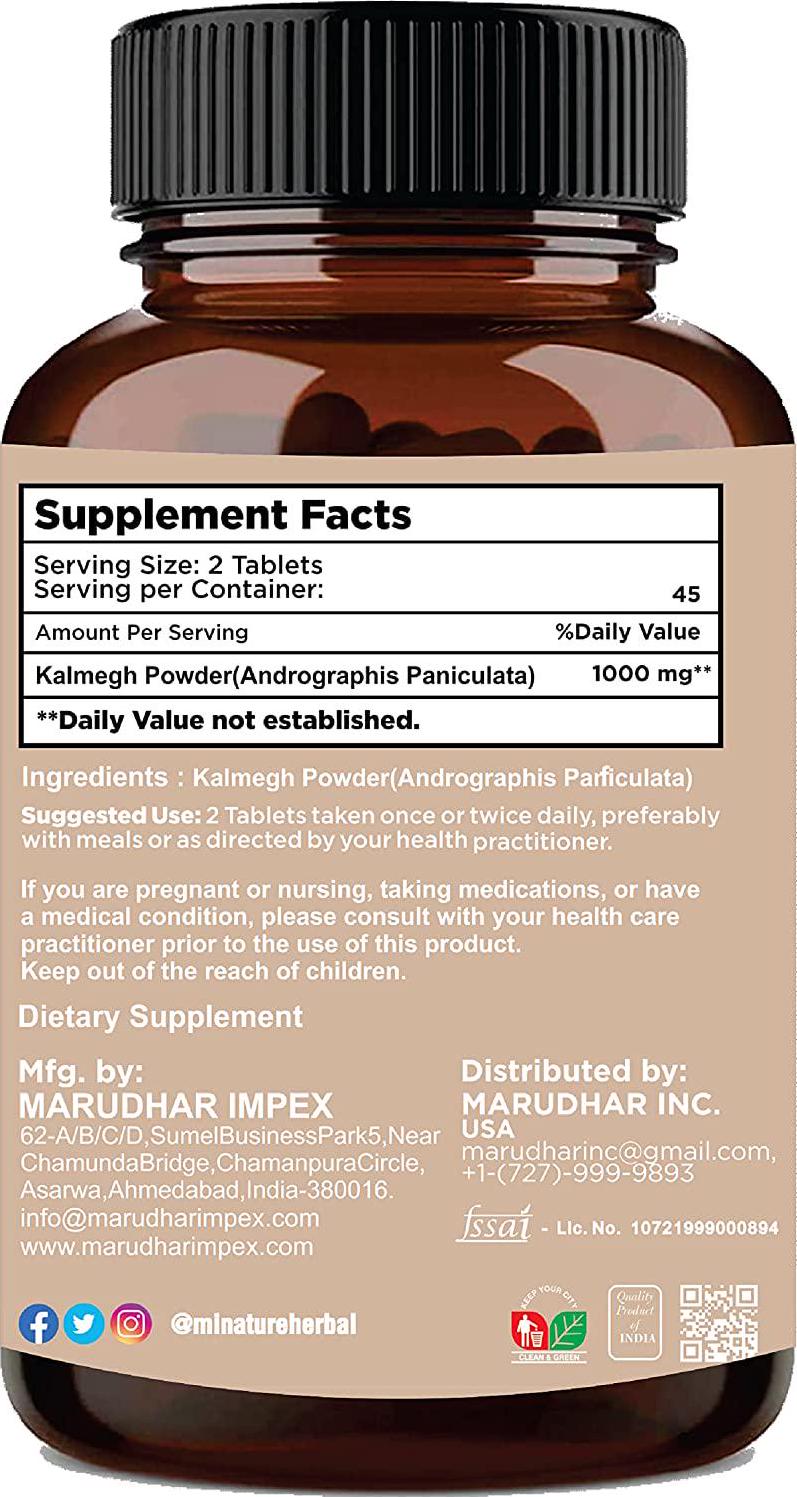 Kalmegh Tablets by mi Nature | 90 Tablets, 1000 mg | 45 Days Supply | Andrographis Supplements| Vegan |Digestion Support| Detoxify Liver | King of Bitters| antioxidant