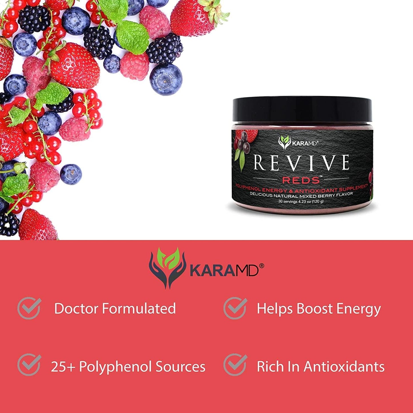 KaraMD Revive Reds | Dr Formulated Polyphenal Energy Booster Supplement | Natural and Non-GMO Superfoods Powder | Immune System Support and Complete Digestive Enzymes, 4 Multi-Unit Packs
