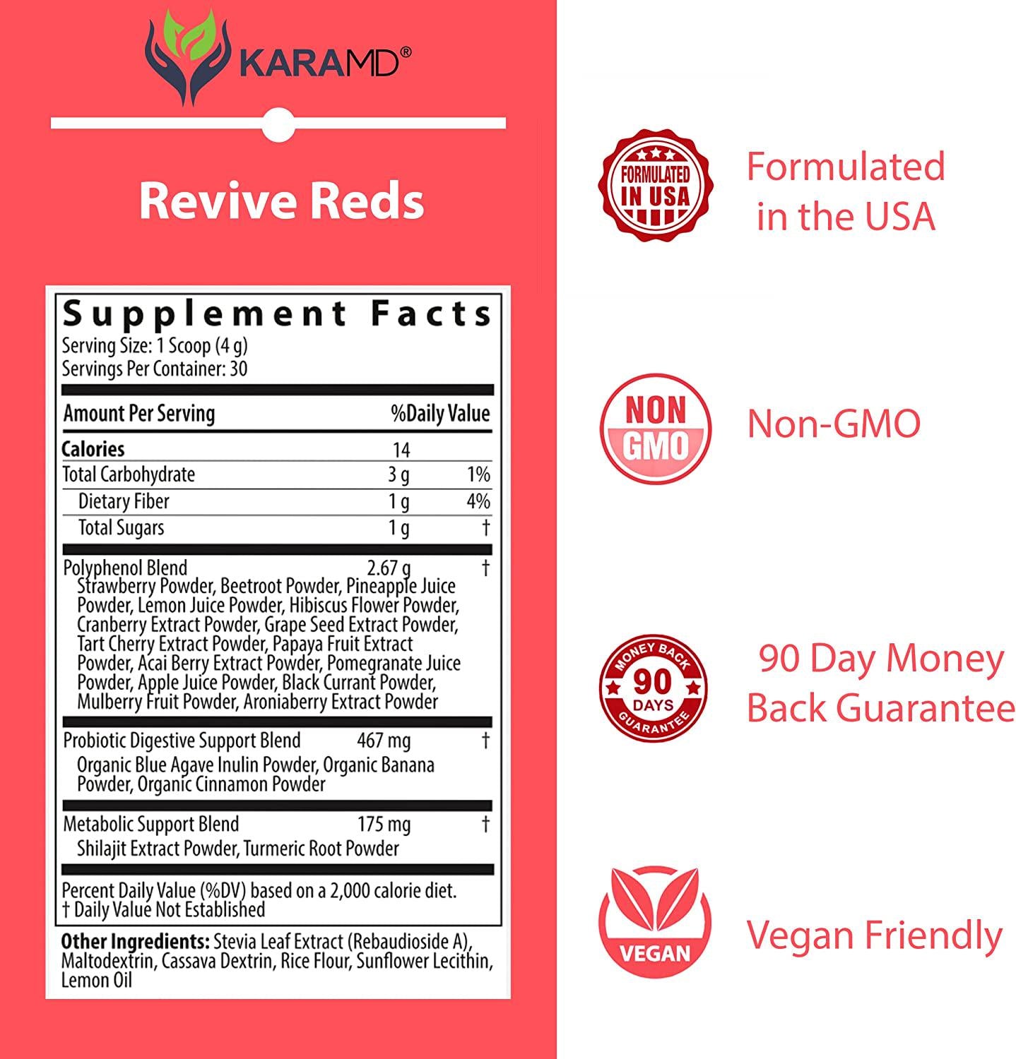 KaraMD Revive Reds | Dr Formulated Polyphenal Energy Booster Supplement | Natural and Non-GMO Superfoods Powder | Immune System Support and Complete Digestive Enzymes, 4 Multi-Unit Packs