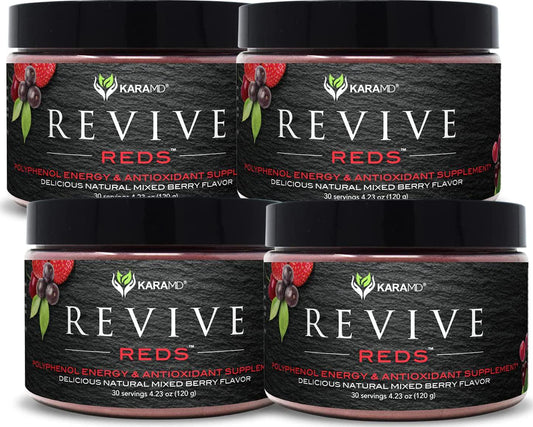KaraMD Revive Reds | Dr Formulated Polyphenal Energy Booster Supplement | Natural and Non-GMO Superfoods Powder | Immune System Support and Complete Digestive Enzymes, 4 Multi-Unit Packs