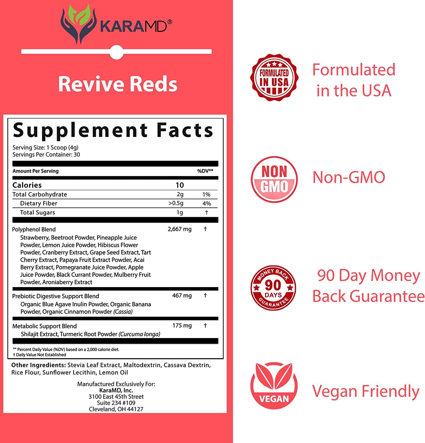 KaraMD Revive Reds | Dr Formulated Polyphenal Energy Booster Supplement | Natural and Non-GMO Superfoods Powder | Immune System Support and Complete Digestive Enzymes, 30 Concentrated Servings